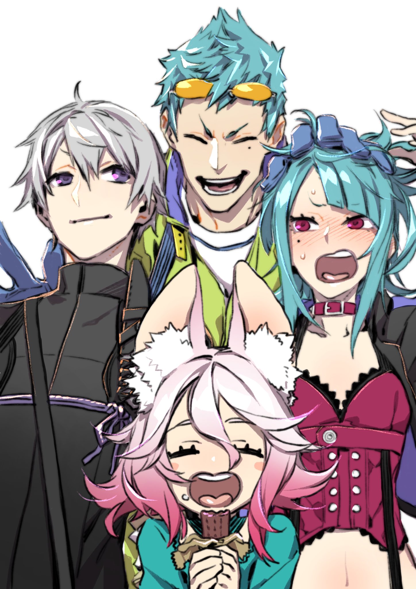 2boys 2girls 7th_dragon_(series) 7th_dragon_2020 7th_dragon_2020-ii animal_ear_fluff animal_ears aqua_hair asymmetrical_bangs black_jacket blue_gloves bustier candy chocolate chocolate_bar choker closed_eyes closed_mouth eating eyewear_on_head food gloves gradient_hair green_jacket grey_hair hand_on_another's_head highres jacket long_hair marina_(7th_dragon_2020-ii) miwa_shirow mole mole_under_eye multicolored_hair multiple_boys multiple_girls navel open_mouth pink_choker pink_eyes pink_hair purple_eyes sakuraba_izumi sakuraba_shouji samurai_(7th_dragon) samurai_(7th_dragon) shirt short_hair simple_background smile smirk teeth tinted_eyewear upper_body upper_teeth_only v-shaped_eyebrows white_background white_shirt yellow-tinted_eyewear