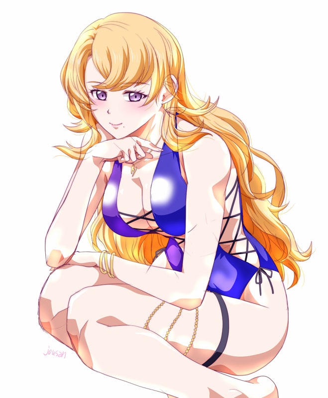 1girl artist_name blonde_hair breasts cleavage closed_mouth eiyuu_densetsu hair_between_eyes kai_no_kiseki kneeling knees kuro_no_kiseki_(series) large_breasts long_hair lucrezia_isselee mole mole_under_mouth one-piece_swimsuit parted_bangs plunging_neckline purple_eyes simple_background smile solo swimsuit white_background xiacheng_tatsuya
