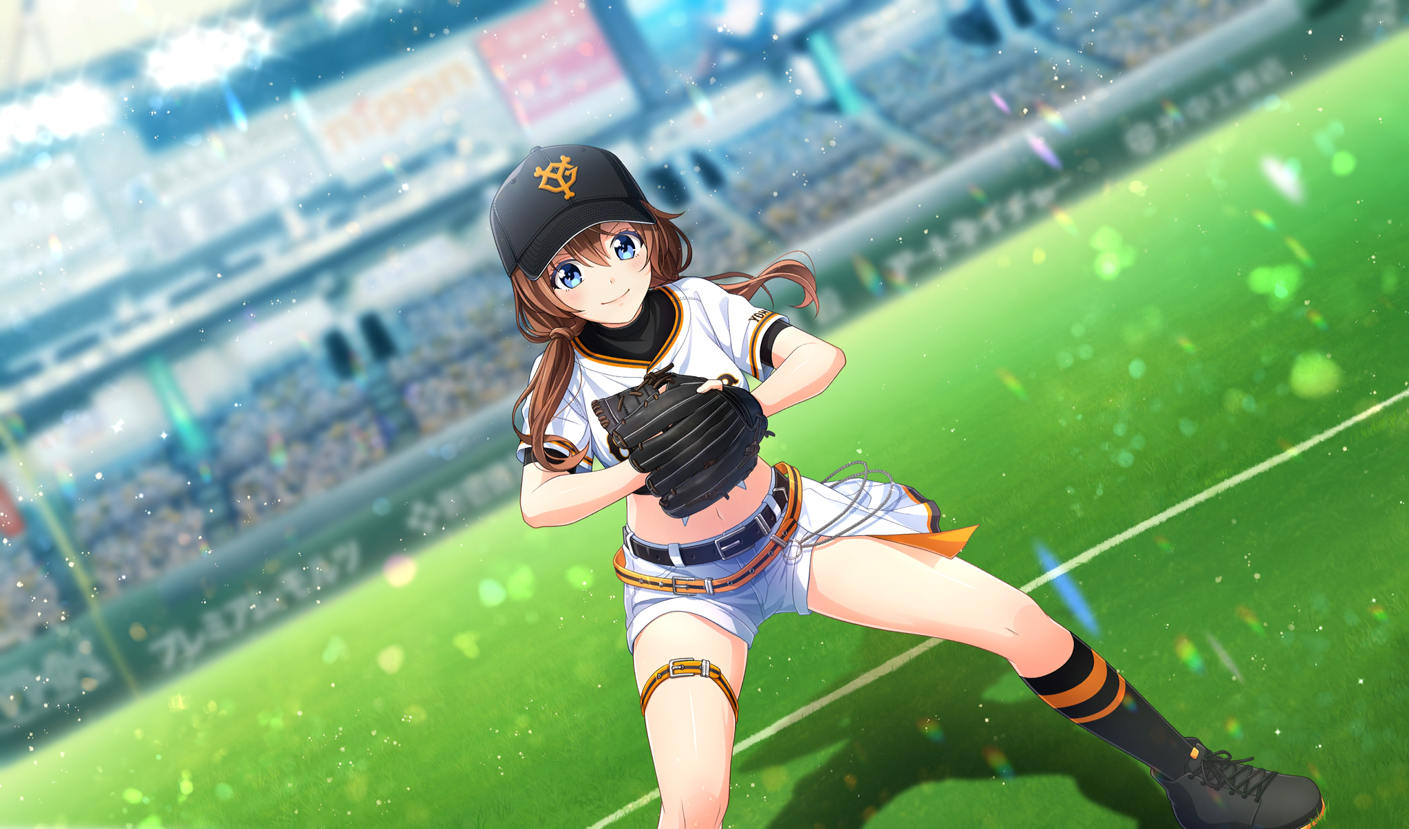 1girl arihara_tsubasa baseball_cap baseball_glove baseball_stadium baseball_uniform belt belt_buckle black_belt black_footwear black_hat black_socks black_undershirt blue_eyes blurry brown_hair buckle cinderella_series closed_mouth crowd depth_of_field dutch_angle film_grain foot_out_of_frame game_cg hachigatsu_no_cinderella_nine hair_between_eyes hat highres indoors lens_flare light_brown_hair long_hair low_twintails navel nippon_professional_baseball non-web_source official_alternate_hairstyle official_art on_grass shirt shirt_under_shirt short_sleeves shorts smile socks solo sportswear standing tied_shirt tokyo_dome twintails white_shirt white_shorts yomiuri_giants