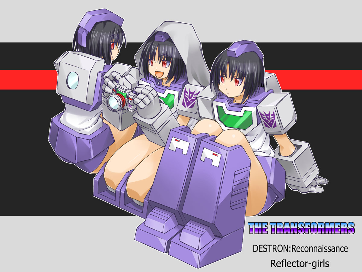 3girls armor armored_boots back_turned black_hair boots camera closed_mouth decepticon dot_mouth expressionless full_body gauntlets genderswap genderswap_(mtf) gloves grey_gloves grey_hood half-closed_eyes headpiece holding holding_camera hood hood_up humanization insignia kageyama_shinobi knees_to_chest knees_up looking_at_viewer looking_back mecha_musume mechanical_boots multiple_girls open_mouth profile purple_armor purple_boots red_eyes reflector_(transformers) seiza short_hair siblings sideways_glance sisters sitting smile solo spectro_(transformers) spyglass_(transformers) transformers transformers:_generation_1 triplets viewfinder_(transformers)