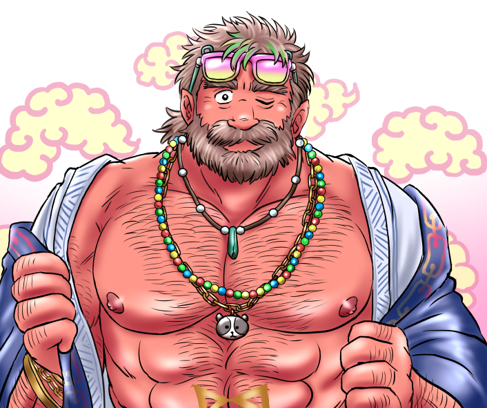 1boy bara bare_pectorals bead_necklace beads bear_necklace beard chain chain_necklace chest_hair dark-skinned_male dark_skin eyewear_on_head facial_hair grey_hair hairy japanese_clothes jewelry judi_(housamo) kimono large_pectorals looking_at_viewer male_focus mature_male muscular muscular_male mustache necklace old old_man one_eye_closed open_clothes open_kimono pectorals pikako182 pink-framed_eyewear solo sunglasses thick_eyebrows tokyo_houkago_summoners undressing wrinkled_skin