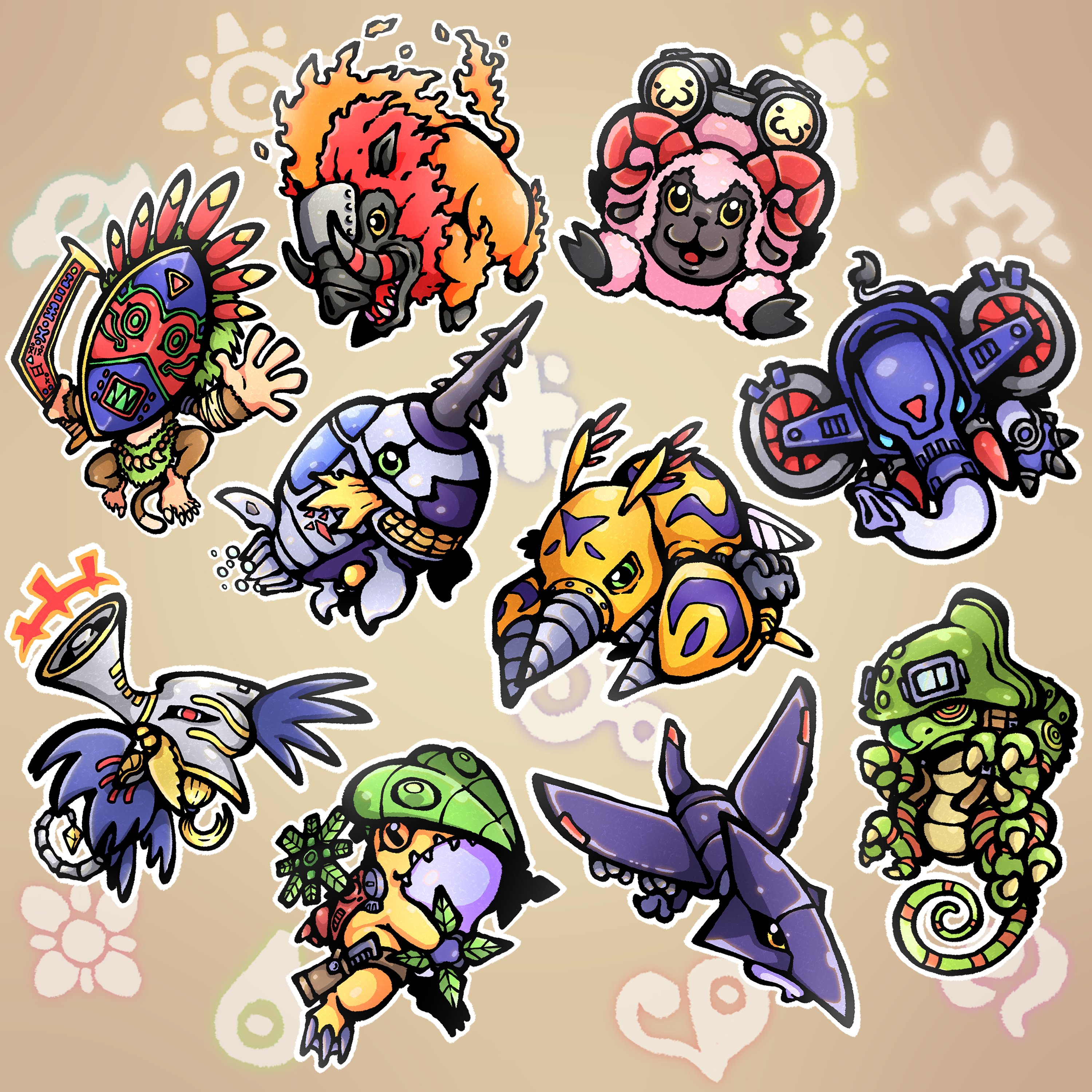 armor boarmon bug chamelemon crests_(digimon) digimon digimon_(creature) digimon_adventure_02 digmon drill elephamon exoskeleton frogmon goggles goggles_on_head pteranomon seahomon sepikmon sheepmon submarimon tail
