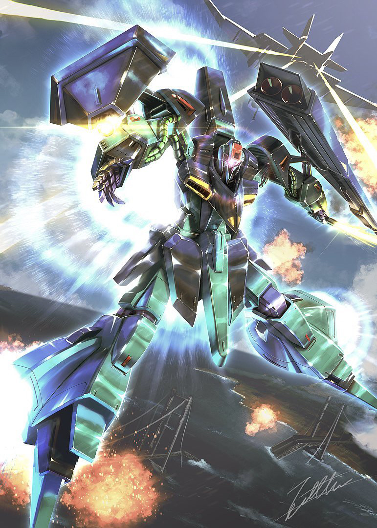 aircraft arm_cannon battle beam_cannon commentary_request dual_arm_cannons energy_beam explosion flying freefall gaplant glowing gundam mecha mecha_focus mobile_suit no_humans one-eyed robot science_fiction shield signature thrusters titans_(gundam) totthii0081 weapon zeta_gundam