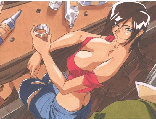 1girl alcohol black_hair blue_eyes breasts butt_crack cleavage cream_croquet giga harlem_blade harlem_blade_perfect_collection kimura_takahiro tagme torn_clothes