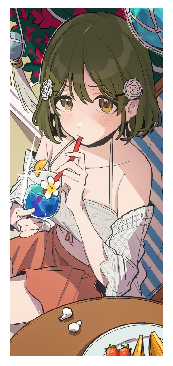 1girl bikini blush collarbone comiket_104 cup drink drinking_straw green_eyes green_hair holding holding_cup idolmaster idolmaster_shiny_colors looking_at_viewer nanakusa_nichika orange_skirt short_hair skirt solo swimsuit tanupon white_bikini wireless_earphones