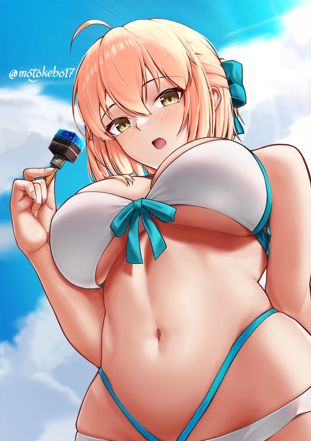 1girl ahoge aqua_bow bare_shoulders bikini blonde_hair blue_sky blush bow breasts cloud cloudy_sky fate/grand_order fate_(series) food hair_bow half_updo highleg highleg_bikini highres holding holding_food large_breasts looking_at_viewer looking_down motokebo17 navel okita_j._souji_(fate) okita_j._souji_(third_ascension)_(fate) okita_souji_(fate) open_mouth short_hair skindentation sky snack solo swimsuit underboob white_bikini yellow_eyes