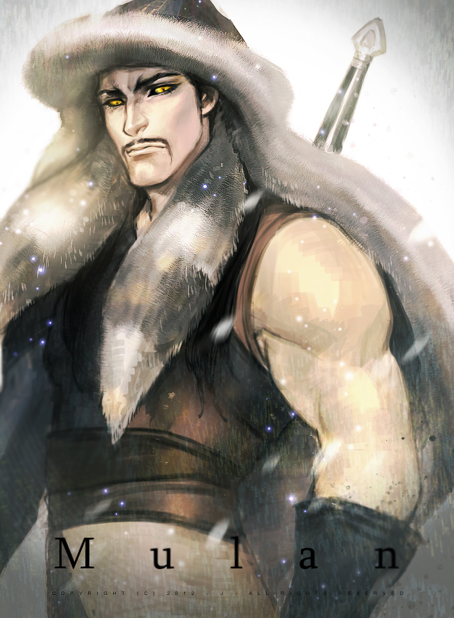1boy black_hair cape copyright_name disney facial_hair hat j_(onose1213) male_focus manly mulan_(movie) mustache shan_yu solo sword weapon yellow_eyes