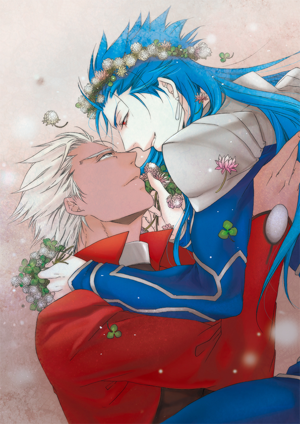 2boys archer_(fate) bad_id bad_pixiv_id blue_hair clover clover_(flower) clovers cu_chulainn_(fate) cu_chulainn_(fate/stay_night) fate/stay_night fate_(series) flower head_wreath jun_(ash) male_focus multiple_boys red_eyes white_hair yaoi