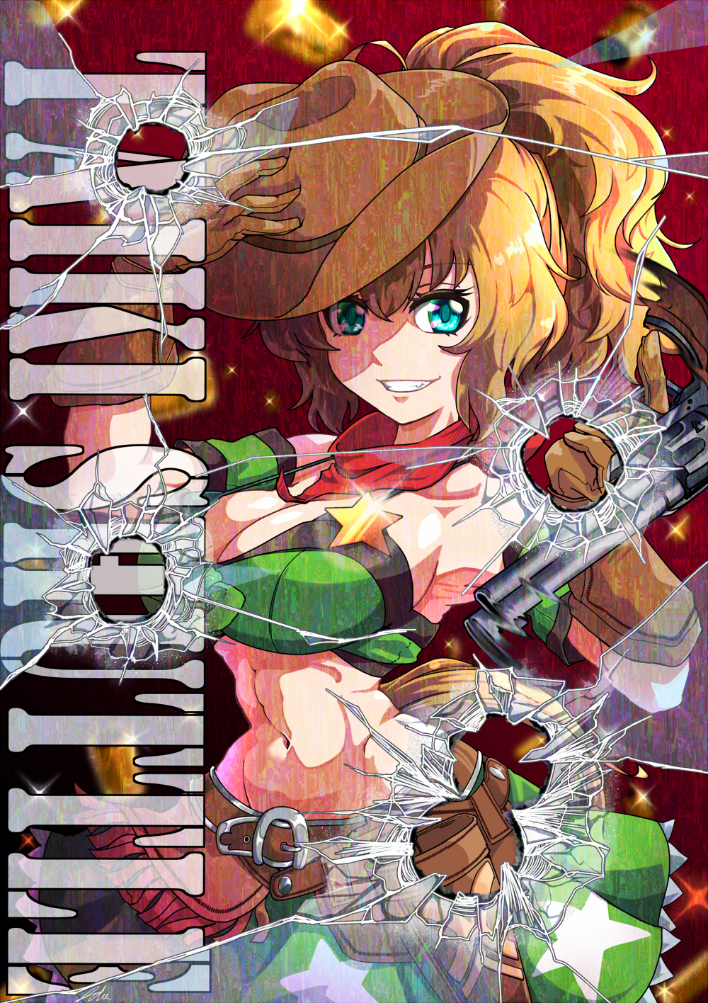 1girl animal_ears armpits bandana bare_shoulders belt blue_eyes breasts brown_belt brown_gloves brown_hair brown_headwear bullet_hole character_name cleavage colt_single_action_army commentary_request cowboy_shot fda_yoshifu gloves green_shirt green_skirt grin gun gunbelt hair_between_eyes handgun highres holstered horse_ears horse_girl horse_tail large_breasts midriff navel ponytail red_background red_bandana revolver shell_casing shirt simple_background skirt sleeveless sleeveless_shirt smile solo taiki_shuttle_(umamusume) tail umamusume weapon