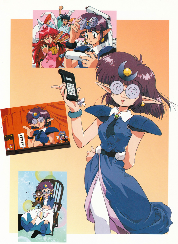 1990s_(style) 2boys 2girls arara_cocoa arara_milk arm_behind_back armor ascot baba_lamune blue_footwear boots bracelet calculator carrying carrying_under_arm closed_eyes coke-bottle_glasses crescent crescent_hair_ornament da_cider earrings food freckles glasses hair_ornament holding holding_food jewelry long_hair long_pointy_ears multiple_boys multiple_girls ng_knight_lamune_&amp;_40 official_art on_chair open_mouth pauldrons pointy_ears retro_artstyle rimless_eyewear round_eyewear scan short_hair shoulder_armor sitting solo_focus