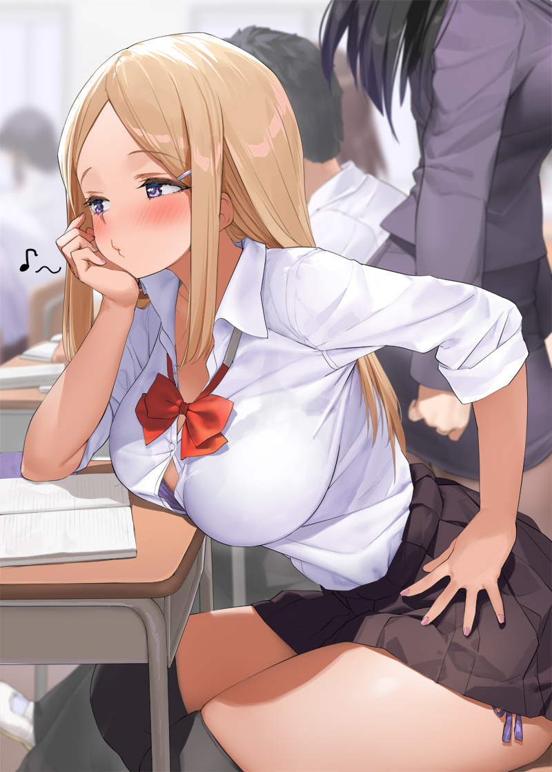 под юбкой в школе  kaisen chuui, original, black legwear, red neckwear, 1boy, 2girls, black  hair, black skirt, blush, book, bow, bowtie, breasts, classroom, hair  ornament, hairclip, indoors, large breasts, long hair, looking to the side,  multiple