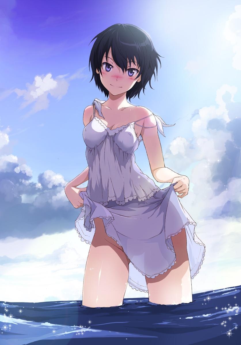 1girl amagami black_hair clothes_lift day dress female_focus highres jpeg_artifacts nanasaki_ai no_panties shiika_sadamasa short_hair skirt skirt_lift solo wading water white_dress