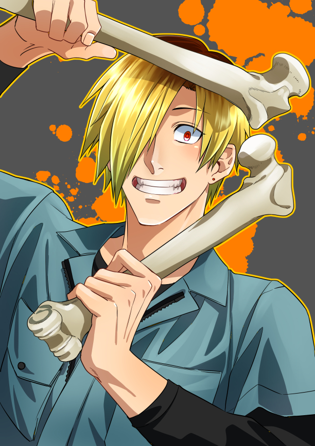 1boy black_shirt blonde_hair blue_jumpsuit bone earrings fingernails grey_background grin hair_over_one_eye holding holding_bone jewelry jumpsuit male_focus original pocket shirt short_hair smile solo splatter tanotsuku_daisuke zipper