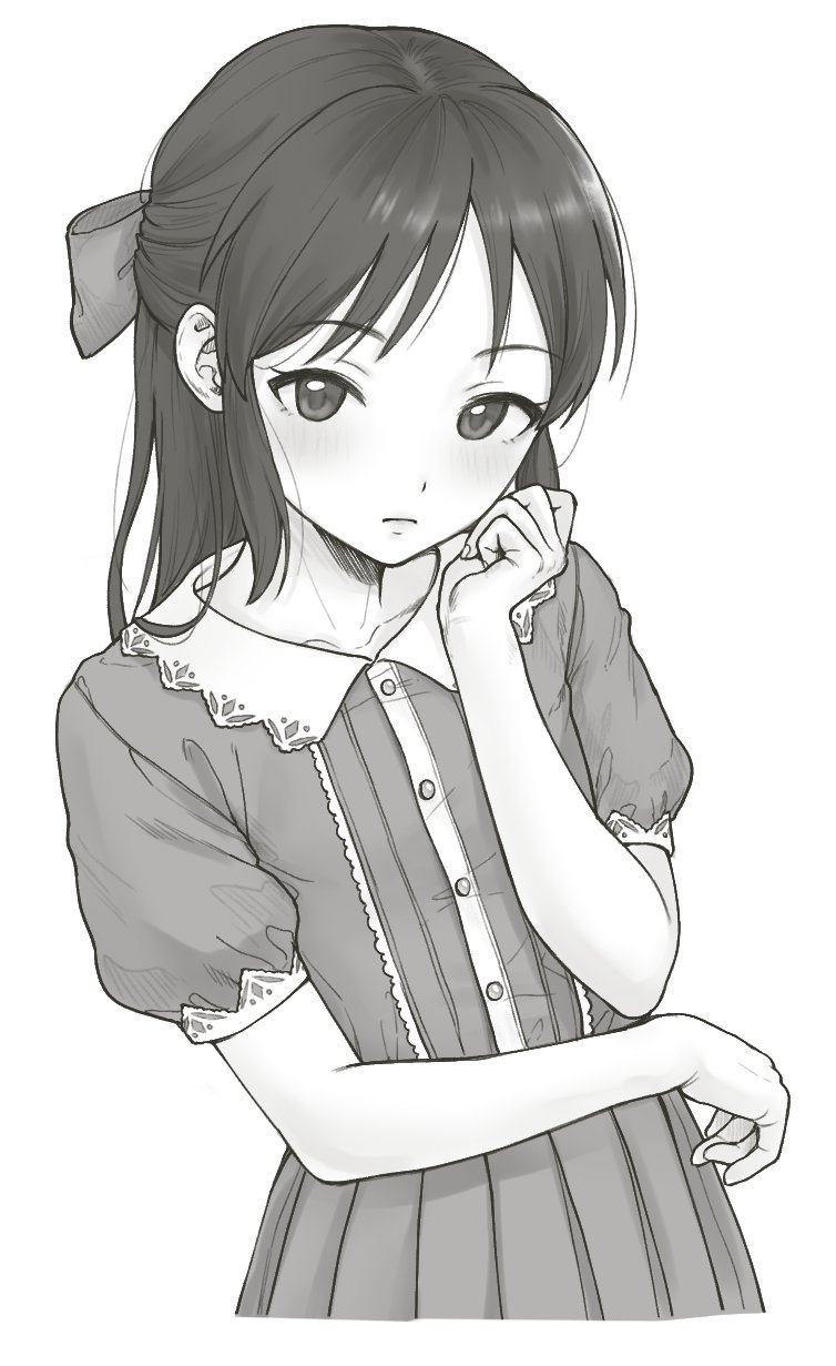 1girl arm_up blank_stare bow hair_bow hair_ornament highres idolmaster idolmaster_cinderella_girls imaninjaguy monochrome tachibana_arisu