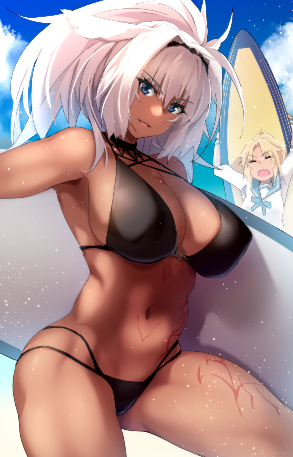 2girls animal_ears bare_shoulders bikini black_bikini blonde_hair blue_eyes blue_sky blush body_markings breasts caenis_(fate) caenis_(swimsuit_rider)_(fate) caenis_(swimsuit_rider)_(first_ascension)_(fate) cleavage closed_eyes collarbone fate/grand_order fate_(series) hairband high_ponytail highres holding holding_surfboard kuronyan large_breasts long_hair looking_at_viewer mordred_(fate) mordred_(swimsuit_rider)_(fate) mordred_(swimsuit_rider)_(second_ascension)_(fate) multiple_girls navel open_mouth ponytail prydwen_(fate) sky smile surfboard swimsuit thighs wet white_hair