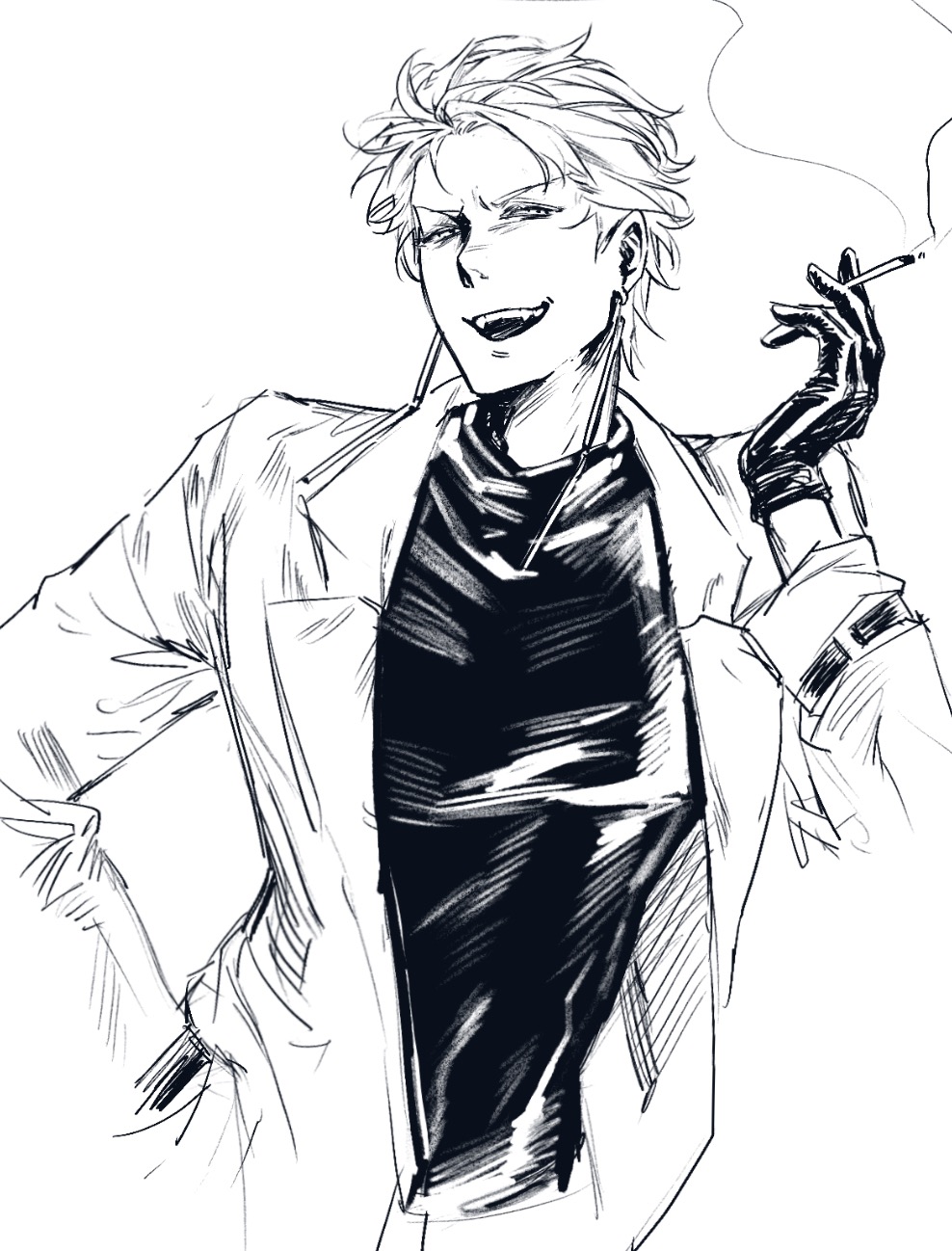 1boy chinese_commentary cigarette commentary_request cropped_torso earrings fangs greyscale hand_in_pocket hand_up highres holding holding_cigarette jacket jewelry long_sleeves male_focus monochrome open_clothes open_jacket open_mouth saibou_shinkyoku sashatsurukawa08 short_hair simple_background smile smoke solo theodore_riddle v-shaped_eyebrows white_background
