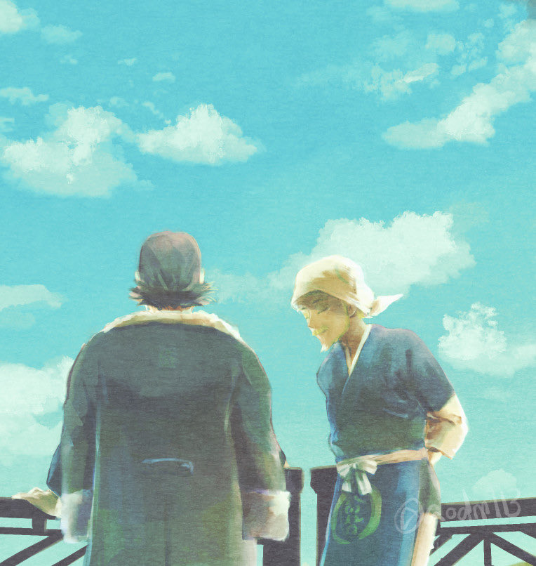 2boys aodamo apron arm_behind_back bandana beni_(pokemon) black_hair blue_apron cloud commentary_request day fence jacket jacket_on_shoulders kamado_(pokemon) leaning long_sleeves male_focus multiple_boys nintendo outdoors pokemon pokemon_legends:_arceus short_hair sky standing twitter_username waist_apron watermark