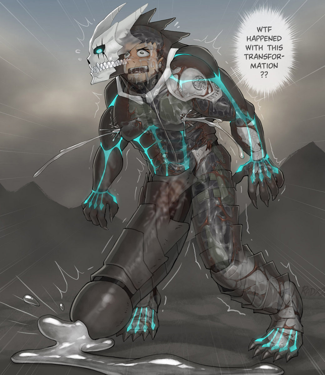 1boy bara black_hair bodysuit cum cumdrip english_text facial_hair foreshortening fucked_silly full_body gigantic_penis glowing_cracks goatee_stubble hibino_kafka hibino_kafka_(kaiju_form) highres huge_eyebrows kaijuu_no._8 looking_at_viewer male_focus male_lactation muscular muscular_male outstretched_arms paid_reward_available pectorals penis radx26 sanpaku short_hair slime_suit solo spread_arms stubble teeth toned toned_male trembling uncensored vore