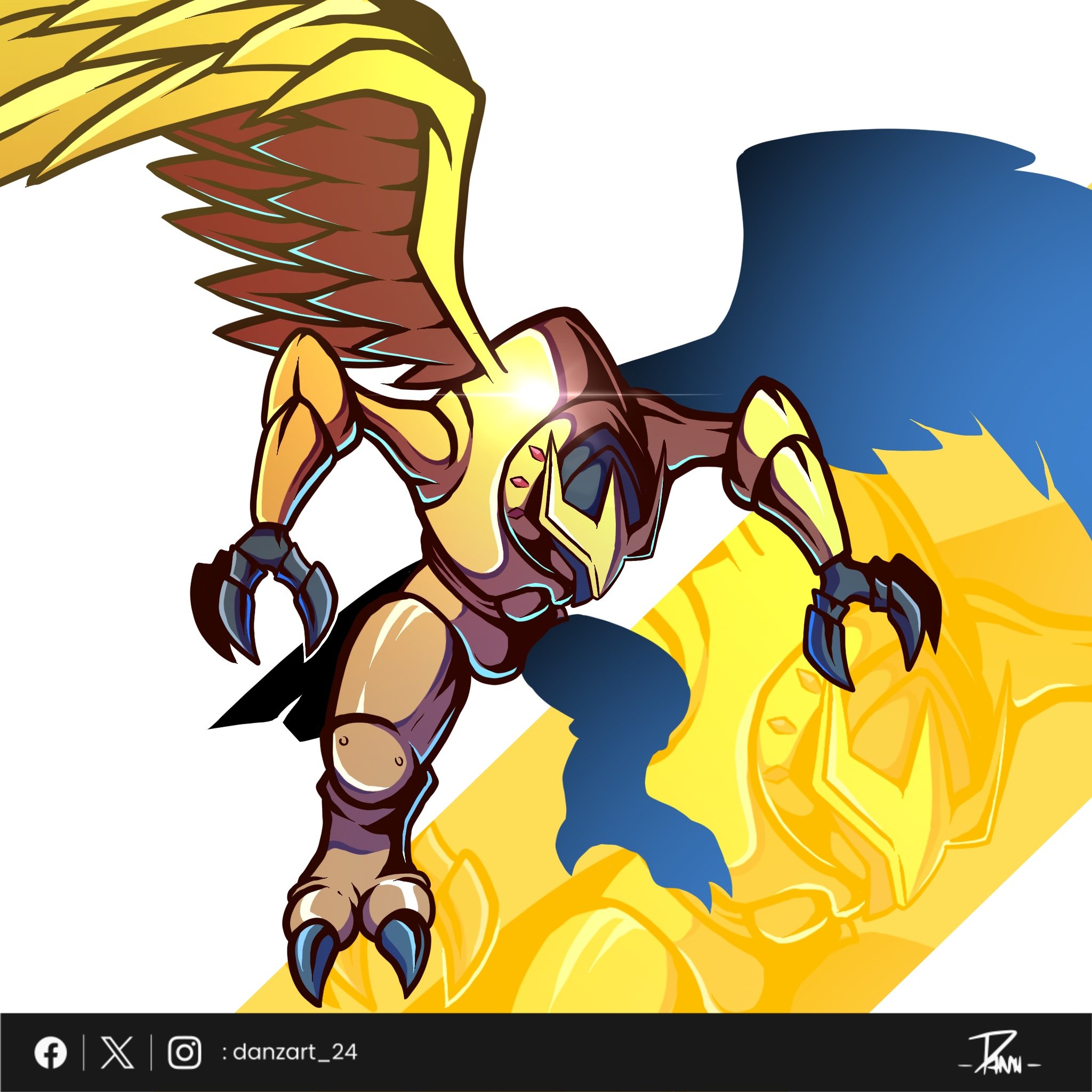 armor artist_name beak bird crossmon danzart_24 digimon digimon_(creature) gold_armor helmet highres no_humans simple_background solo_focus talons white_background yellow_wings zoom_layer