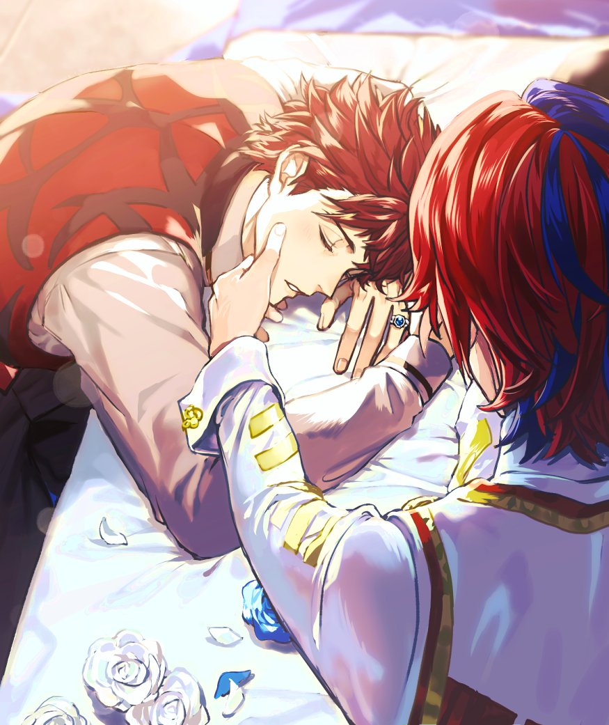 2boys 5_(femfamme) alear_(fire_emblem) alear_(male)_(fire_emblem) closed_eyes diamant_(fire_emblem) fire_emblem fire_emblem_engage flower from_behind jewelry long_sleeves looking_at_another male_focus multicolored_hair multiple_boys nintendo red_hair ring short_hair sleeping yaoi