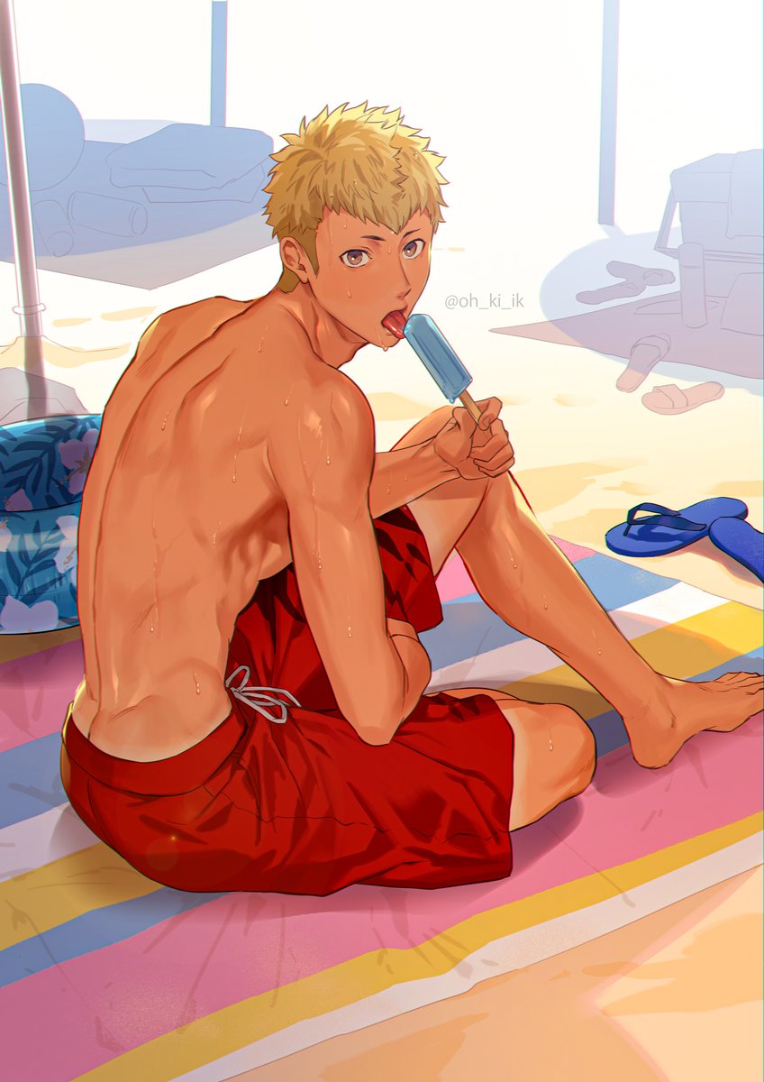 1boy adam&#039;s_apple beach beach_towel blonde_hair flip-flops food highres holding holding_food holding_popsicle innertube knee_up licking male_focus male_swimwear okii_(oh_ki_ik) outdoors persona persona_5 popsicle red_male_swimwear sakamoto_ryuuji sandals sitting swim_ring swim_trunks toned toned_male topless_male towel twitter_username unworn_footwear