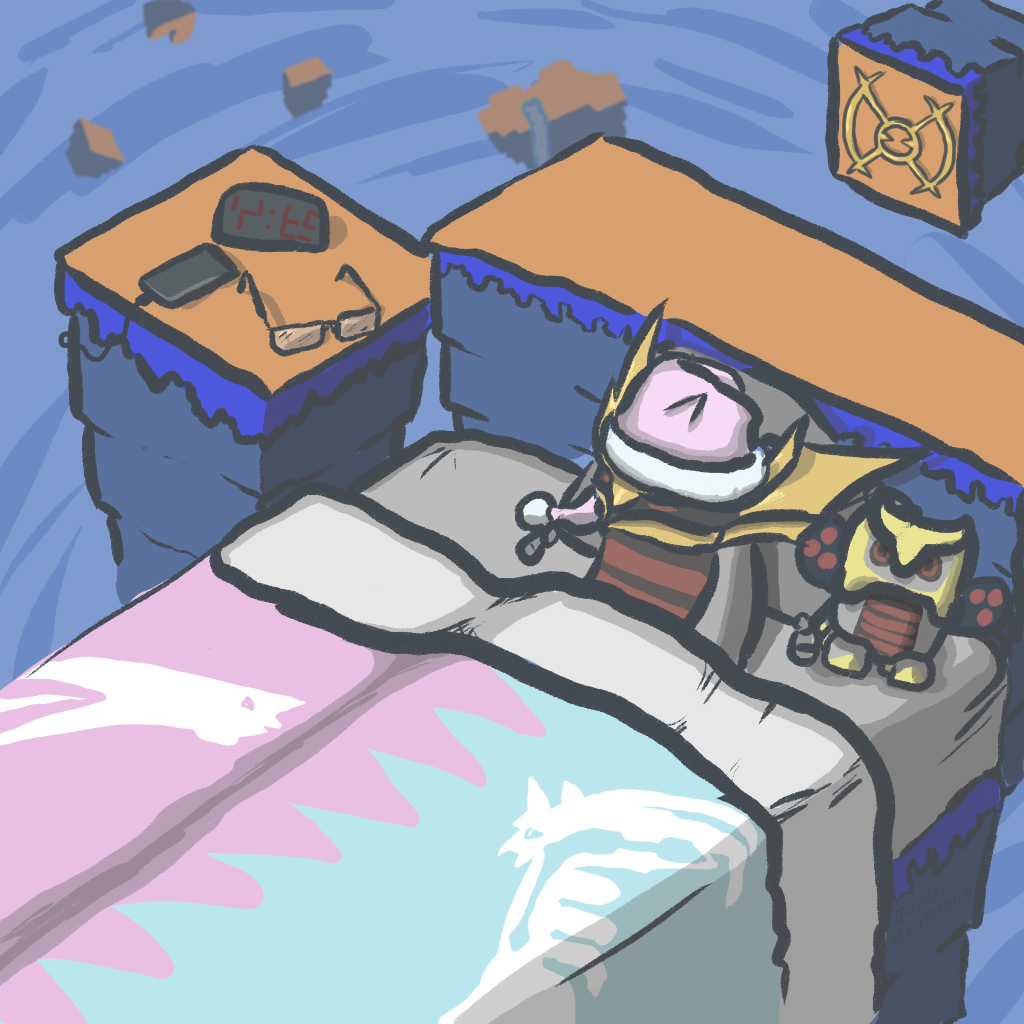 bed blanket cellphone clock closed_eyes dialga digital_clock distortion_world dragon fur-trimmed_headwear fur_trim gen_4_pokemon giratina giratina_(origin) hat legendary_pokemon lying nightcap nintendo no_humans on_bed palkia phone pillow pink_hat pokemon pokemon_(creature) pokemon_dppt pom_pom_(clothes) sleeping smartphone soandnb stuffed_animal stuffed_toy unworn_eyewear