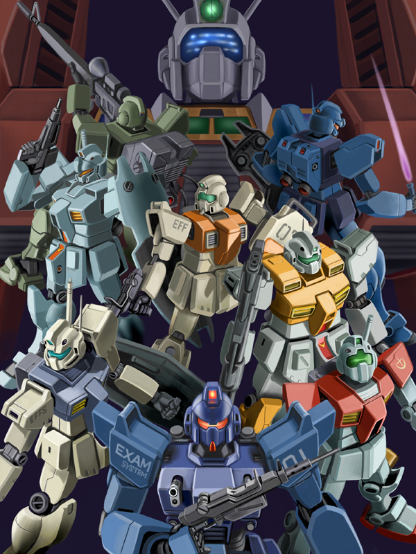 1980s_(style) beam_rifle blue_destiny_01 bullpup crossover densetsu_kyojin_ideon dorasu energy_gun energy_sword gm_(mobile_suit) gm_custom gm_kai gm_quel gm_sniper ground_gm gun gundam gundam_0083 gundam_08th_ms_team gundam_side_story:_the_blue_destiny hwf_gmg-mg79-90mm_bullpup_machine_gun ideon in-franchise_crossover m1_bazooka machine_gun machine_pistol mecha mecha_focus mobile_suit_gundam no_humans odd_one_out oldschool powered_gm retro_artstyle robot rocket_launcher shield sword weapon zeta_gundam