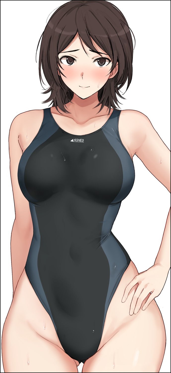 1girl amagami breasts brown_eyes brown_hair collarbone competition_swimsuit cowboy_shot gluteal_fold hand_on_own_hip highleg highleg_one-piece_swimsuit highres large_breasts looking_at_viewer mobu one-piece_swimsuit short_hair solo swimsuit takahashi_maya thigh_gap two-tone_swimsuit