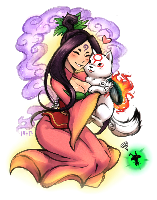 1girl ^_^ animal animal_hug black_hair breasts chibiterasu cleavage closed_eyes facial_mark forehead_mark heart hug iahfy issun japanese_clothes kimono large_breasts long_hair ookami_(game) ookamiden sakuya_(ookami) topknot