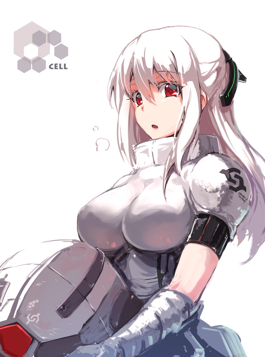 1girl bad_id bad_pixiv_id bodysuit breasts crysis fangdan_runiu female_focus gloves helmet large_breasts long_hair original parted_lips red_eyes solo white_hair