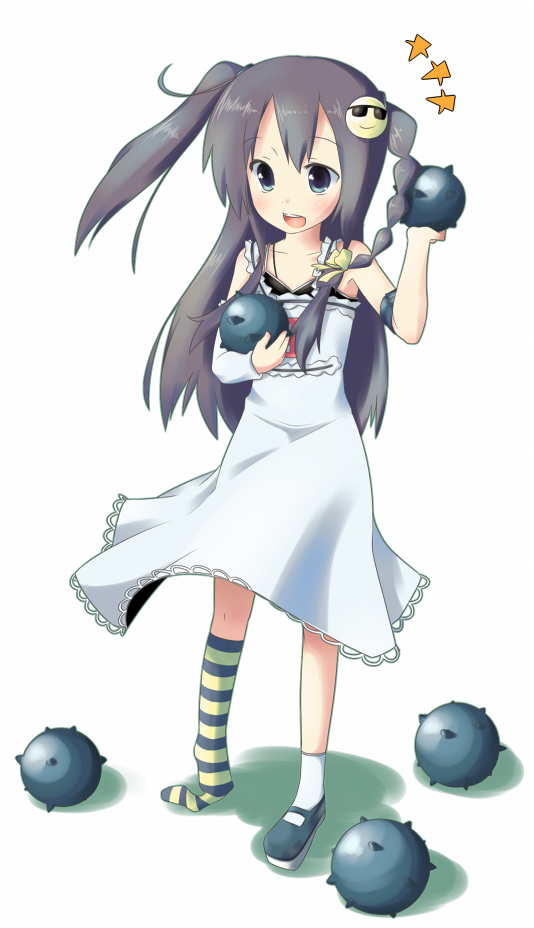 1girl ^^^ asymmetrical_hair asymmetrical_legwear bad_id bad_pixiv_id braid child dress explosive female_focus ixy-chan long_hair mary_janes mine_(weapon) minesweeper mismatched_legwear original personification shoes single_shoe single_sock socks solo striped_clothes striped_socks sugu_maigo_ninaru_umumu two_side_up umumu_(pilcre)