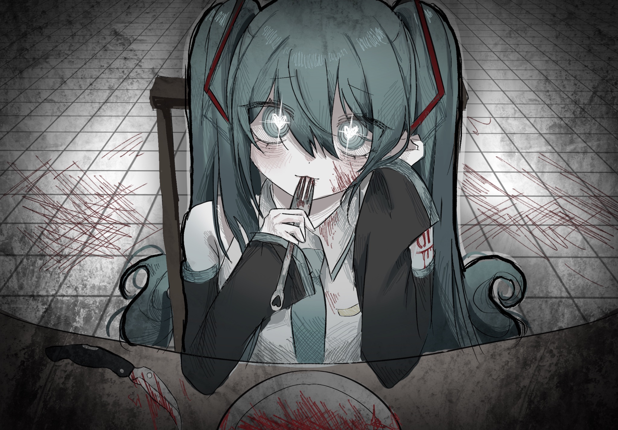 :3 aqua_eyes aqua_hair aqua_necktie bags_under_eyes bare_shoulders black_sleeves blood blood_on_clothes blood_on_face bloody_knife bright_pupils collared_shirt detached_sleeves fisheye fork glowing_pupils grey_shirt hair_between_eyes hatching_(texture) hatsune_miku heart heart-shaped_pupils highres holding holding_fork implied_cannibalism injury knife linear_hatching long_hair looking_at_viewer mo_(maretufa) muted_color necktie number_tattoo pale_skin plate shirt shoulder_tattoo sleeveless sleeveless_shirt symbol-shaped_pupils tattoo tile_floor tiles tsurime tucking_hair twintails very_long_hair vocaloid white_pupils yandere