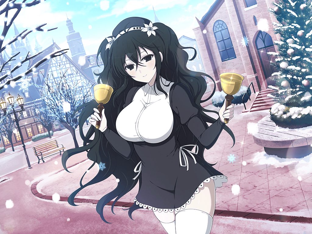 1girl bell bench beret black_eyes black_hair breasts castle christmas christmas_ornaments christmas_tree closed_mouth day dress flower fubuki_(senran_kagura) hair_flower hair_ornament hat hibiscus holding holding_bell house lamppost large_breasts long_hair looking_at_viewer non-web_source official_art senran_kagura senran_kagura_new_link skindentation smile snow_on_tree snowing thighhighs town tree wavy_hair yaegashi_nan