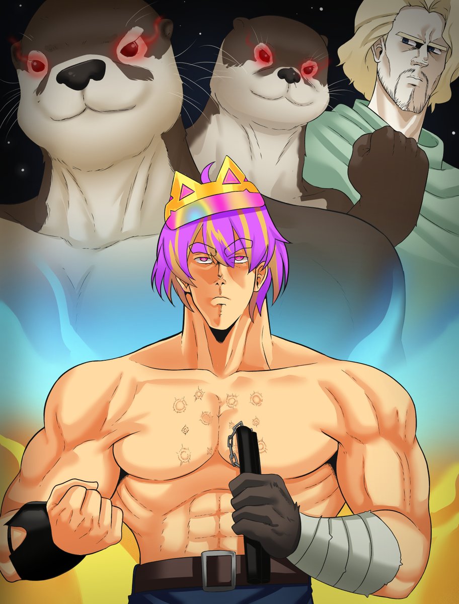 2boys 2others abs aurix_&quot;rixxy&quot;_brightful bandaged_arm bandages beard belt blonde_hair blue_eyes blue_pants brown_belt clenched_hand closed_mouth collarbone commentary cosplay english_commentary facial_hair frown genderswap genderswap_(ftm) glowing glowing_eyes green_scarf highres hokuto_no_ken holding holding_nunchaku holding_weapon kenshiro kenshiro_(cosplay) male_focus multicolored_hair multiple_boys multiple_others nexas_(vtuber) nunchaku otter pants pectorals puffywaffles purple_eyes purple_hair scarf streaked_hair topless_male virtual_youtuber weapon