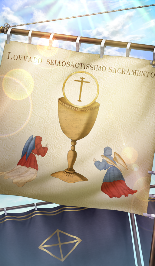 blue_sky cloud cloudy_sky commentary fate/grand_order fate_(series) flag lasengle latin_text lens_flare light_rays no_humans object_focus official_art sky still_life sunbeam sunlight third-party_source translation_request white_flag