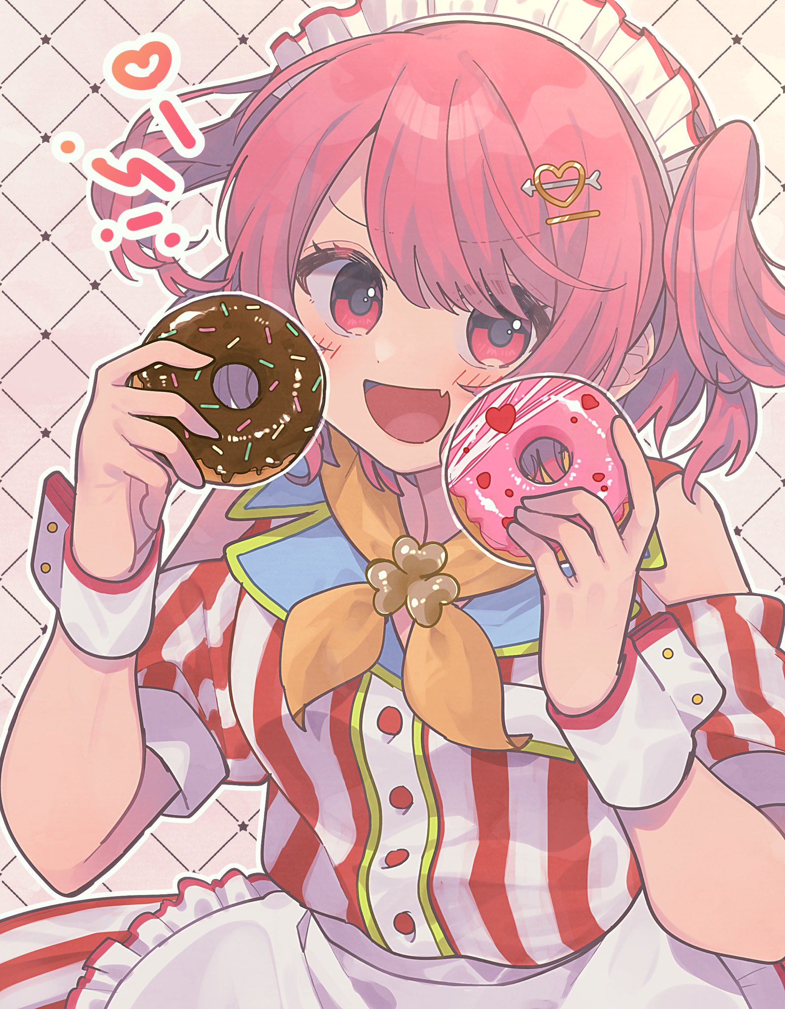 1girl :d apron argyle_background arrow_through_heart blush buttons clothing_cutout collared_shirt commentary_request donut dotabata_cafe_rec!!_(project_sekai) dress employee_uniform fang food frilled_apron frills hair_ornament hairclip hands_up heart heart_hair_ornament highres holding holding_donut holding_food kawa_donburako looking_at_viewer maid_headdress momoi_airi multicolored_shirt neckerchief notice_lines official_alternate_costume official_alternate_hair_length official_alternate_hairstyle open_mouth orange_neckerchief outline pink_eyes pink_hair project_sekai red_dress red_skirt shirt short_hair short_sleeves shoulder_cutout skirt smile solo striped_clothes striped_shirt striped_skirt two_side_up upper_body vertical-striped_clothes vertical-striped_shirt waist_apron waitress white_background white_dress white_outline white_skirt white_wrist_cuffs wrist_cuffs