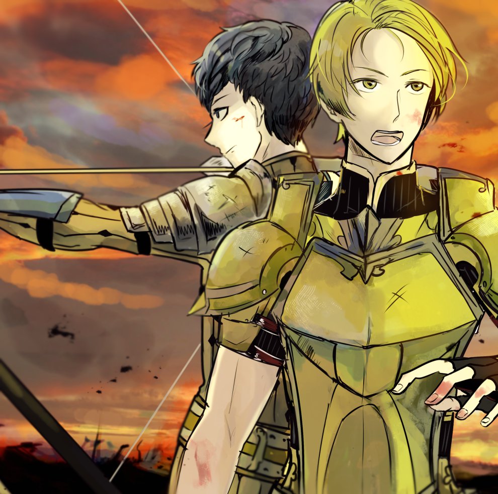 2boys armor arrow_(projectile) blue_hair bow_(weapon) breastplate drawing_bow fire_emblem fire_emblem_echoes:_shadows_of_valentia fire_emblem_gaiden forsyth_(fire_emblem) green_hair holding holding_bow_(weapon) holding_weapon male_focus multiple_boys nintendo outdoors pauldrons python_(fire_emblem) shoulder_armor weapon