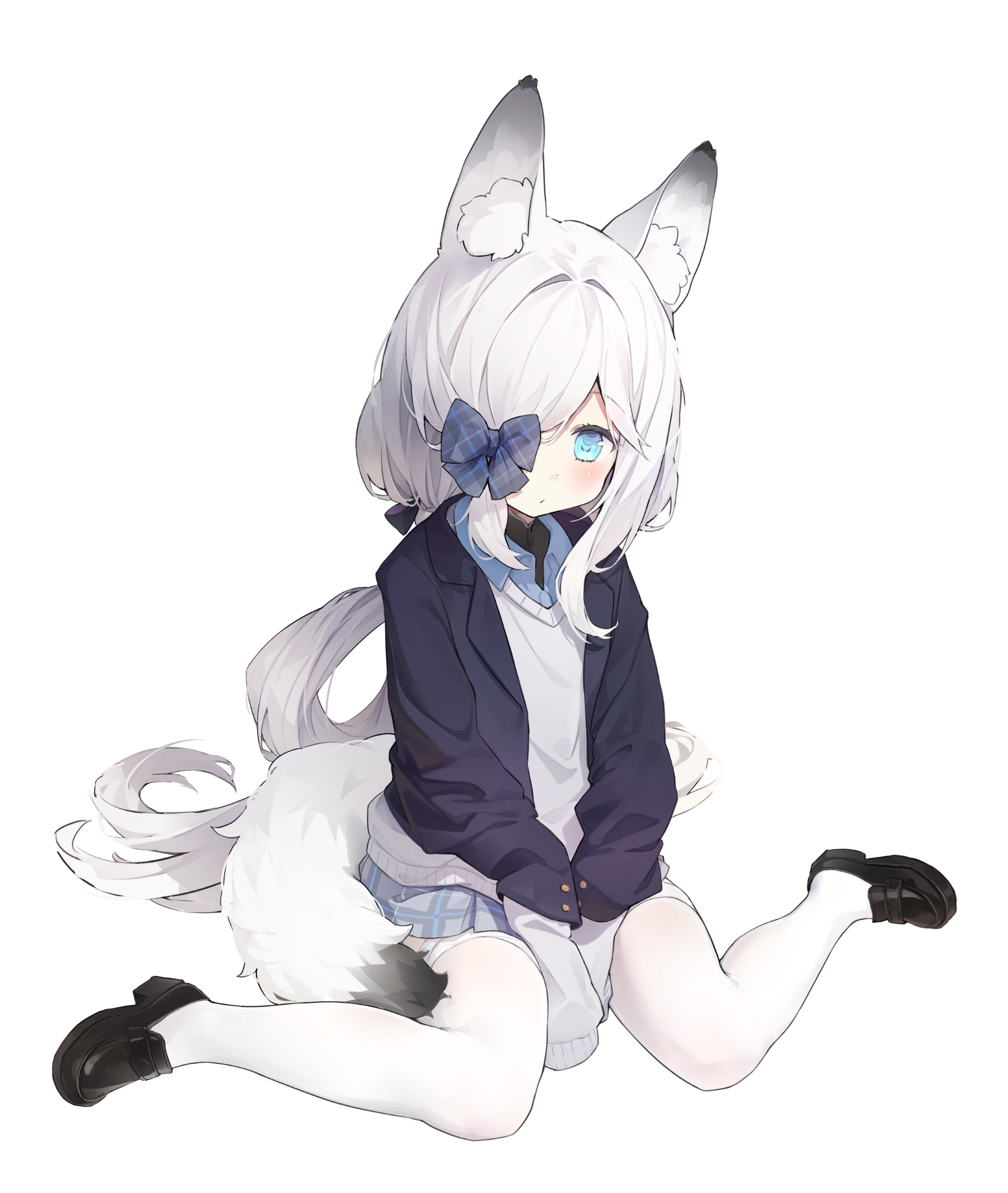 1girl animal_ears azur_lane black_shoes blazer blue_bow blue_eyes blue_jacket blue_shirt blue_skirt blush bow chinese_commentary closed_mouth collared_shirt commentary_request fox_ears fox_girl fox_tail hair_bow hair_over_one_eye highres jacket kasumi_(at_school_with_foo)_(azur_lane) kasumi_(azur_lane) kasumi_1118 layered_sleeves long_hair miniskirt official_alternate_costume pantyhose plaid_bow plaid_clothes plaid_skirt school_uniform shirt shoes skirt sleeves_past_wrists solo sweater tail white_pantyhose white_sweater