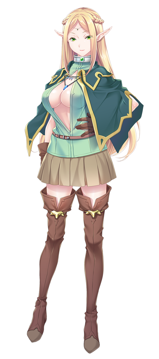 1girl blonde_hair boots breasts cape cleavage elf elfen_king emilia_(elfen_king) feet female_focus full_body game_cg green_eyes hand_on_own_hip highres hikage_eiji huracan large_breasts legs light_smile long_hair looking_at_viewer lune_(company) nana_g original pointy_ears simple_background skirt smile solo standing tachi-e thigh_boots thighs transparent_background