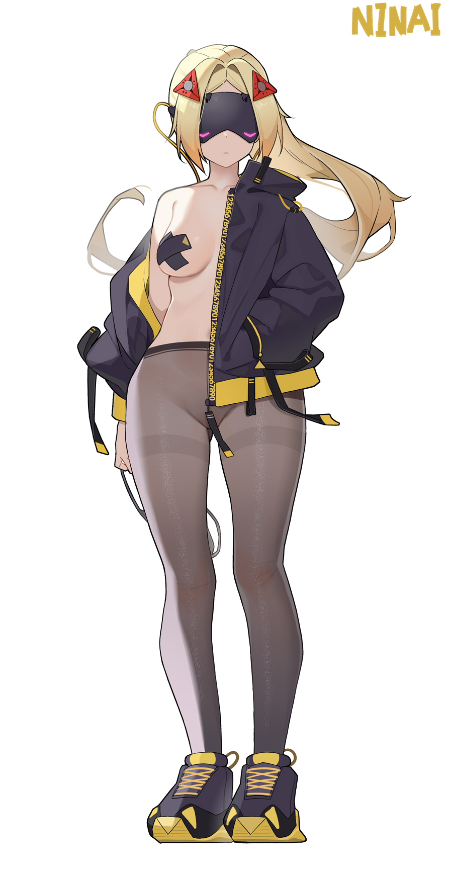 1girl bare_shoulders black_jacket black_pantyhose black_shrug blindfold blonde_hair covered_eyes eye_mask full_body hair_ornament hairclip highres jacket long_hair ninai no_bra no_panties open_clothes open_jacket pantyhose shoes shrug_(clothing) sneakers thighband_pantyhose trigger_(zenless_zone_zero) zenless_zone_zero zipper_pull_tab
