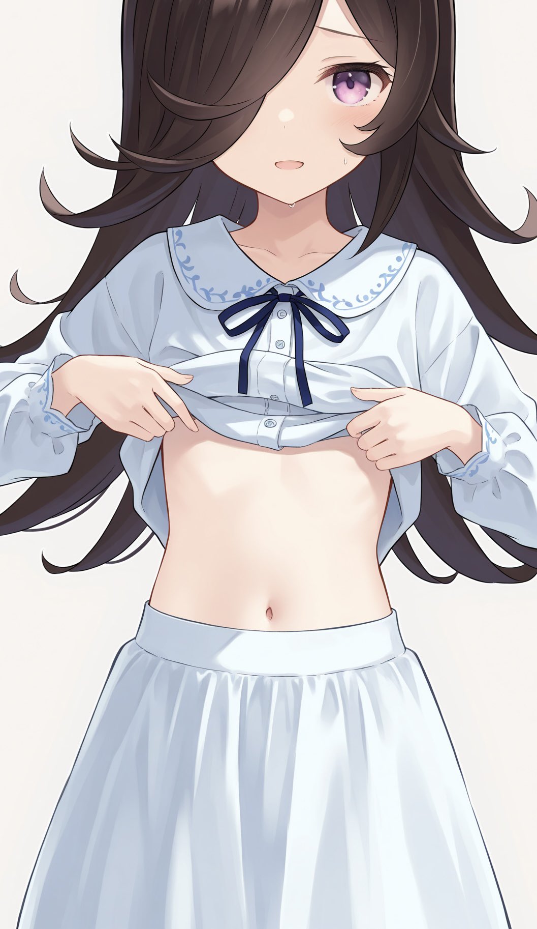 1girl ai-generated black_hair blue_neckerchief blush collarbone dot_nose female_focus flat_chest hair_over_one_eye highres horse_girl lifting_own_clothes loli long_hair long_skirt long_sleeves looking_at_viewer midriff navel neckerchief open_mouth puffy_long_sleeves puffy_sleeves purple_eyes rice_shower_(umamusume) sexually_suggestive simple_background skirt solo solo_focus stomach sweat sweatdrop umamusume white_background white_skirt
