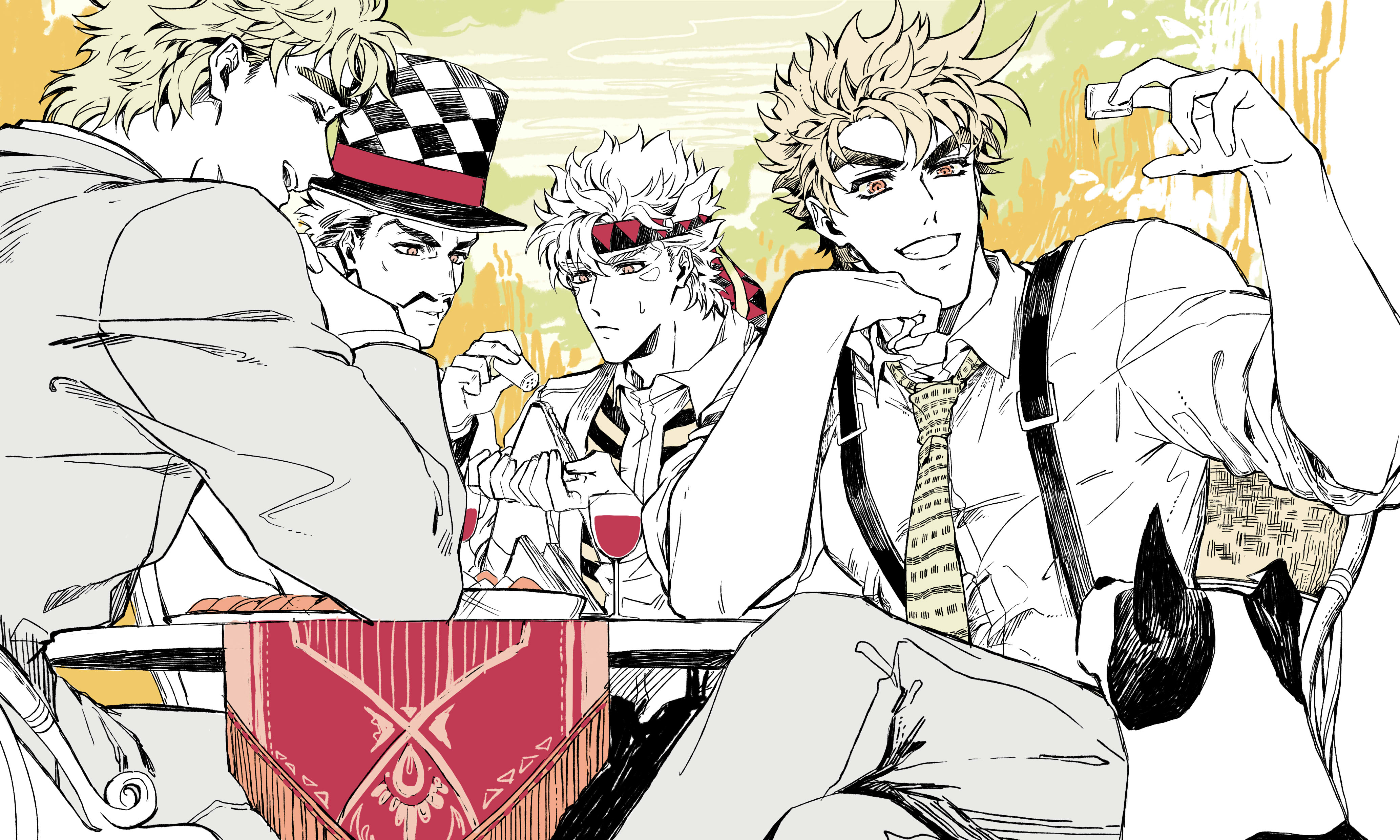 4boys absurdres alcohol bad_id bad_pixiv_id battle_tendency caesar_anthonio_zeppeli cup danny_(jojo) dog drinking_glass family food hat headband highres jojo_no_kimyou_na_bouken jonathan_joestar joseph_joestar joseph_joestar_(young) male_focus multiple_boys muted_color necktie nigelungdayo salt_shaker sandwich suspenders table time_paradox top_hat triangle_print will_anthonio_zeppeli wine wine_glass