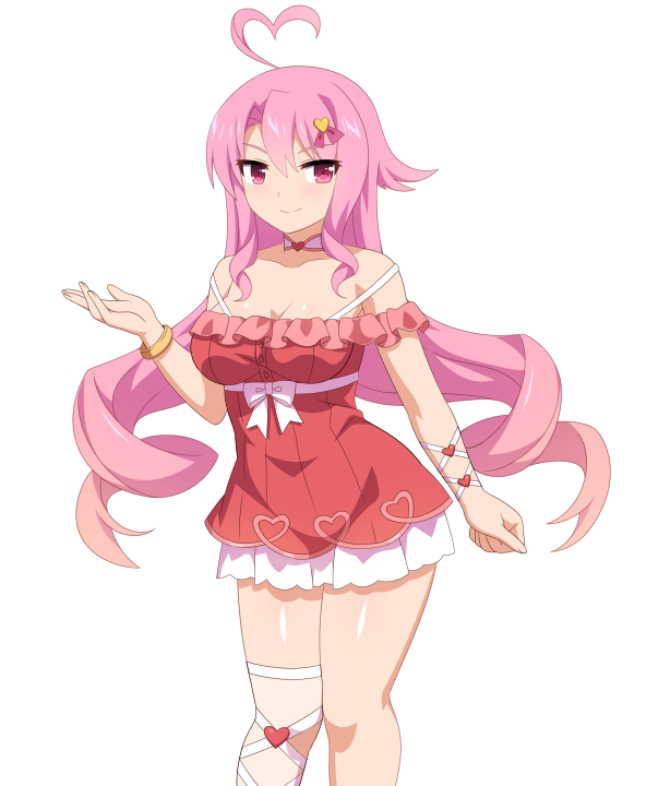 1girl ahoge curtained_hair detached_sleeves dress frills hair_ornament hairpin lilim_(sakura_cupid) off_shoulder official_art pink_eyes pink_hair sakura_cupid smile sprite wanaca