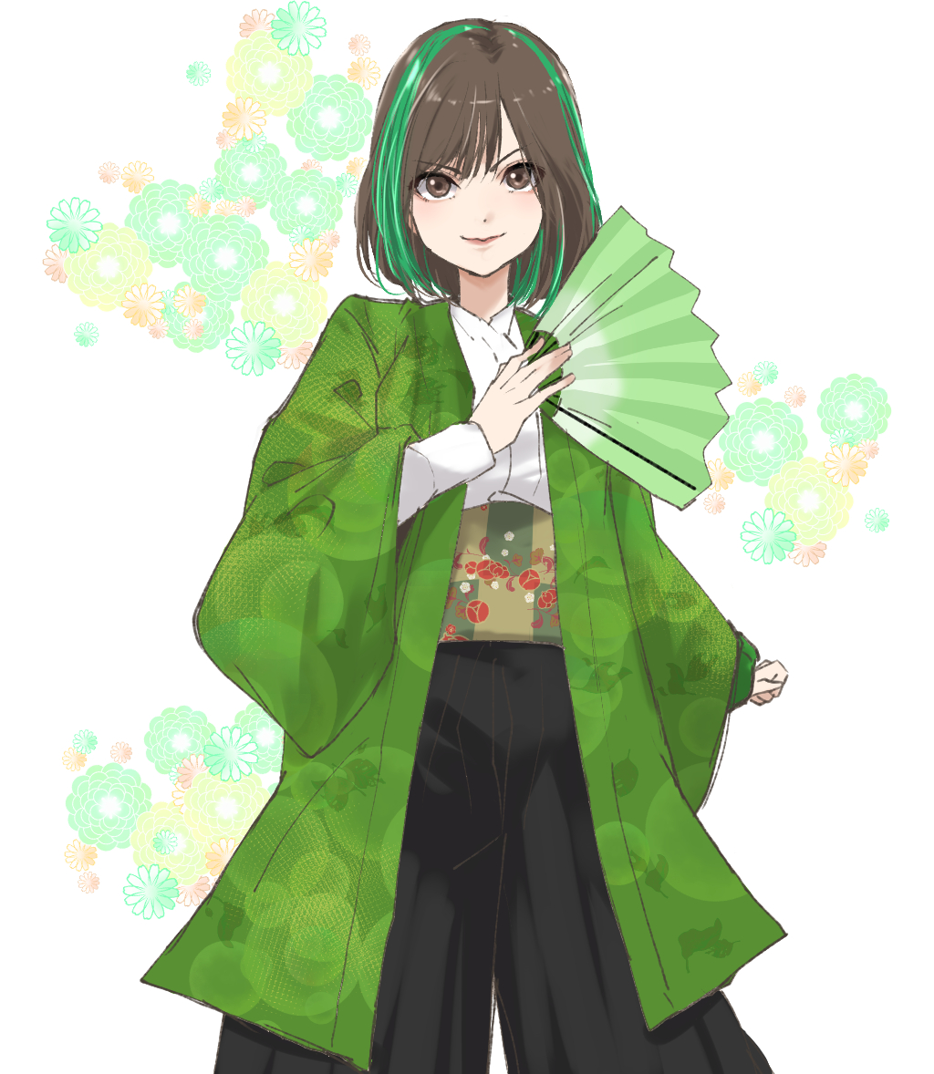 &gt;:) 1girl actor black_hakama brown_eyes brown_hair closed_mouth cowboy_shot floral_background flower folding_fan green_flower green_hair green_haori hakama hakama_pants hand_fan hand_up haori holding holding_fan japanese_clothes komatsu_otoha light_blush long_sleeves looking_at_viewer multicolored_hair orange_flower pants real_life shirt short_hair smile solo standing two-tone_hair urutsu_sahari v-shaped_eyebrows white_background white_shirt wide_sleeves yellow_flower