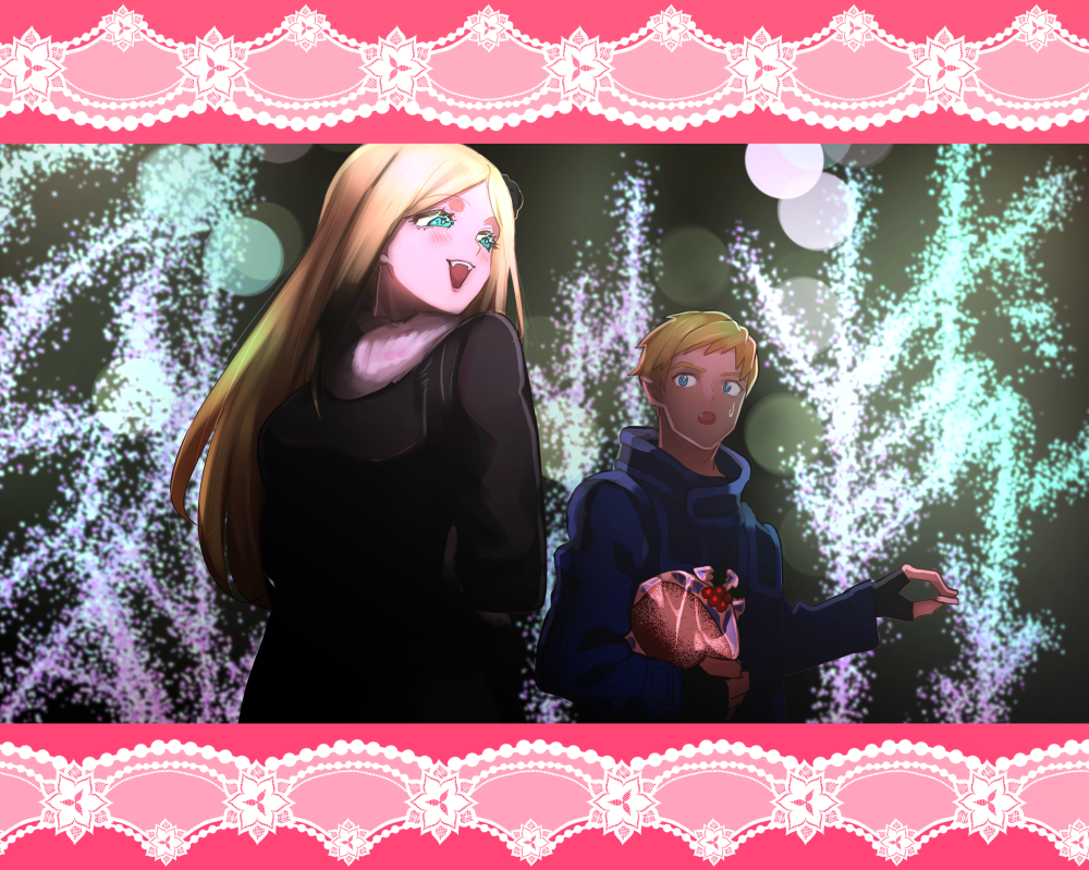 :d :o arms_behind_back bare_tree black_background black_dress blonde_hair blue_eyes blue_jacket blurry bokeh border cake christmas climb_(overlord) coat_dress commentary_request depth_of_field dress fang fangs fingerless_gloves flower food fruitcake fur-trimmed_dress fur_trim gloves hair_flower hair_ornament holding holding_cake holding_food jacket letterboxed long_hair looking_at_another looking_back masiro open_mouth overlord_(maruyama) pink_border pointy_ears renner_theiere_chardelon_ryle_vaiself short_hair smile spoilers sweatdrop teeth tree turtleneck turtleneck_jacket upper_teeth_only