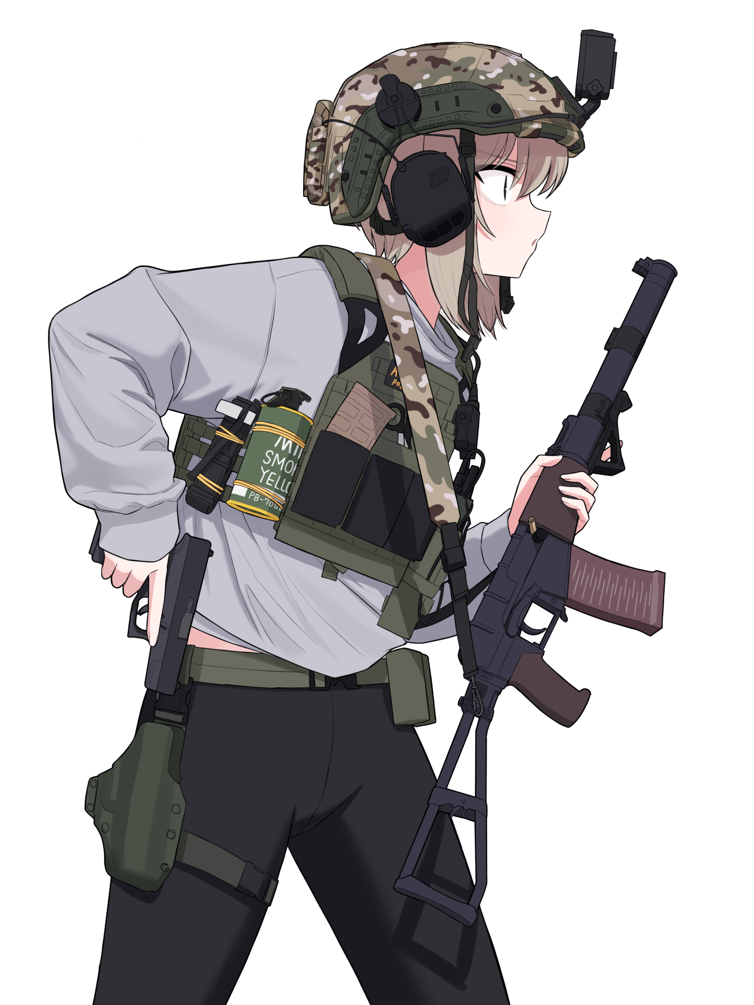 1girl as_val assault_rifle bebetang black_pants blonde_hair bulletproof_vest combat_helmet commentary ear_protection english_commentary from_side glock gun gun_malfunction handgun helmet highres holding holding_gun holding_weapon holster kalashnikov_rifle magazine_(weapon) open_mouth original pants rifle shell_casing shirt short_hair simple_background smoke_grenade solo thigh_holster trigger_discipline weapon white_background white_shirt