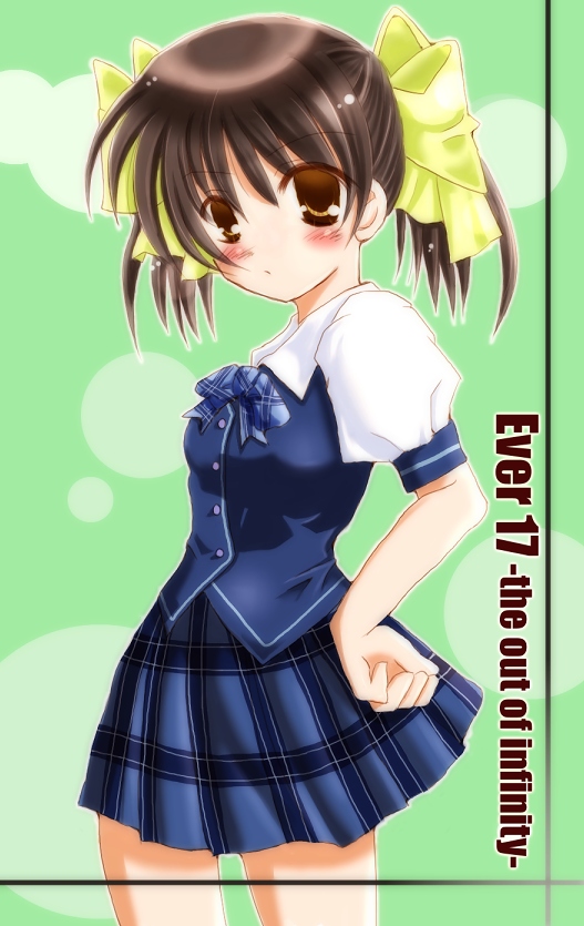1girl blush bow bowtie brown_eyes brown_hair ever_17 female_focus hair_bow hair_ribbon hand_on_own_hip hip_focus matsunaga_sara mizuno_tohito plaid_bow plaid_bowtie plaid_clothes ribbon school_uniform solo twintails