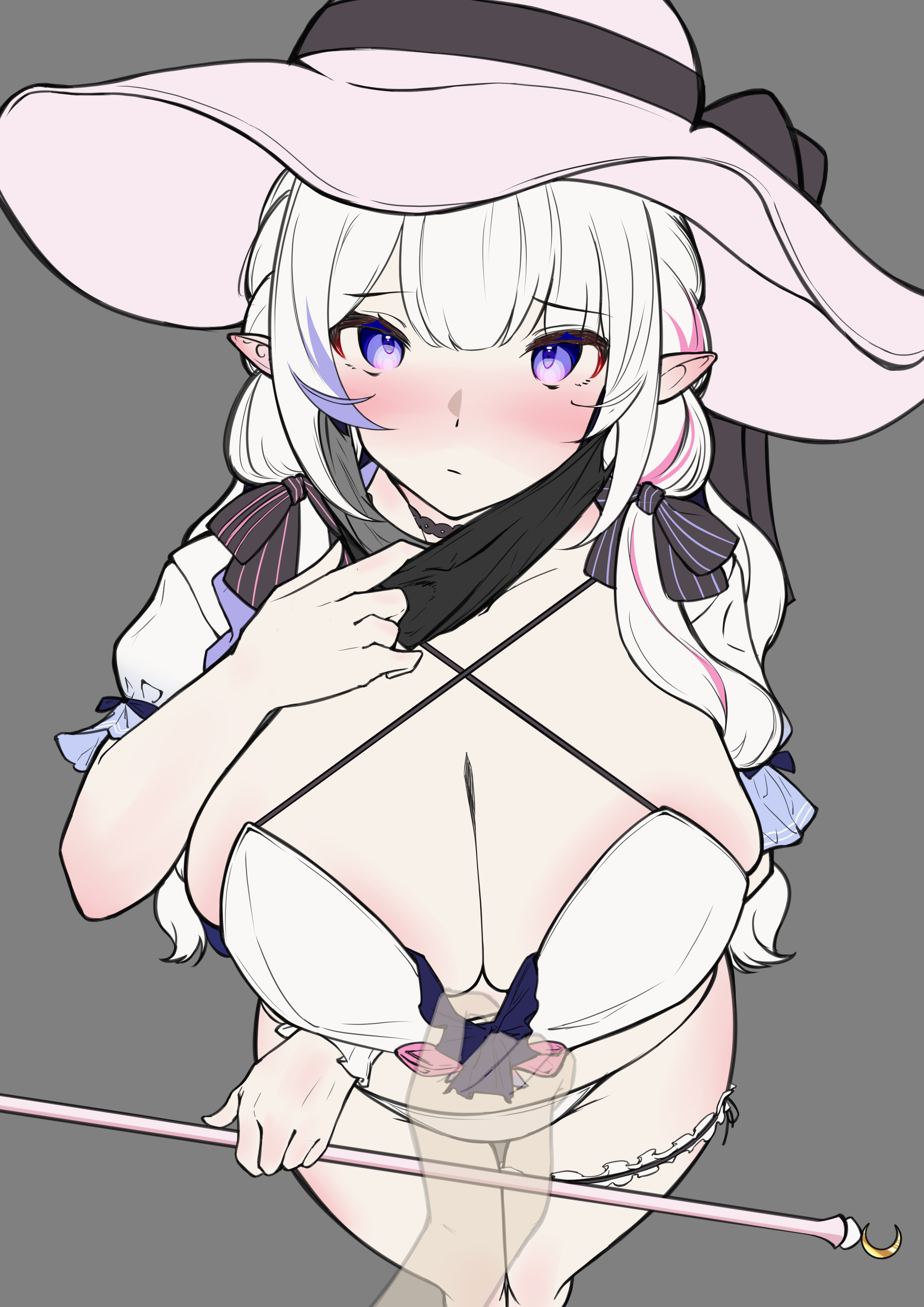 1girl 1other absurdres bikini black_mask blush breasts detached_sleeves feet_out_of_frame from_above grey_background hand_up hat highres holding holding_wand huge_breasts long_hair looking_at_viewer mask mask_pull mouth_mask nijisanji pink_hat pointy_ears pov pov_hands puffy_short_sleeves puffy_sleeves pulling_another's_clothes purple_eyes rhea_(virtuareal) see-through_body short_sleeves solo_focus standing surgical_mask swimsuit transparent_hand virtual_youtuber virtuareal wand weidimala_zui_pang_beijixiong white_bikini white_hair