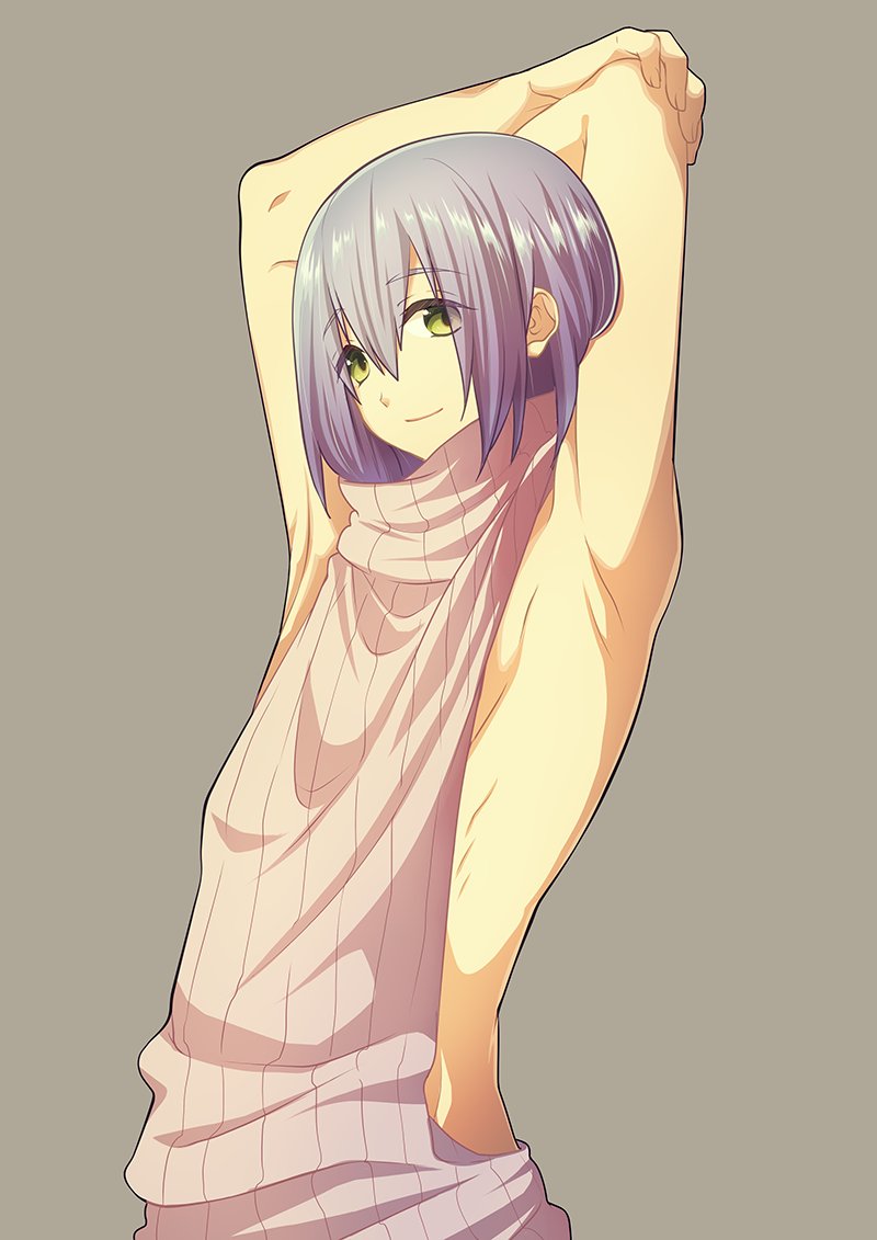 1boy armpits bare_shoulders green_eyes high_speed! male_focus memeo_(candy_house) purple_hair serizawa_nao short_hair simple_background smile solo sweater tareme