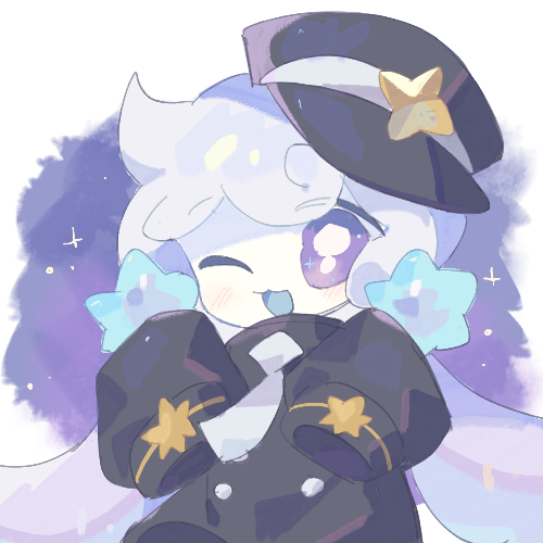 1girl ;3 ;d black_coat black_hat blue_tongue border close-up coat cold_you colored_mouth colored_skin colored_tongue cookie_run cookie_run:_kingdom dual_wielding hands_up hat holding holding_star light_blush long_sleeves lowres milky_way_cookie necktie one_eye_closed open_mouth purple_eyes raised_eyebrows round_border sideways_hat single_eyebrow sleeves_past_fingers sleeves_past_wrists smile solo star_(symbol) star_symbol_background twintails upper_body white_border white_hair white_necktie white_skin
